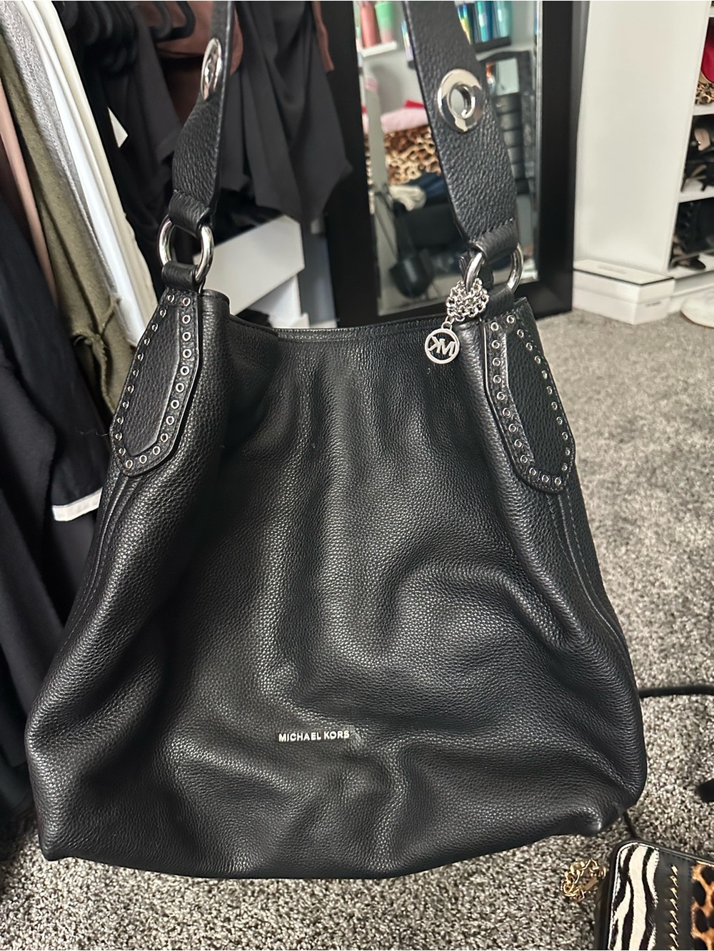 MICHAEL KORS Black Pebbled Leather Hobo Shoulder Bag with Logo Charm